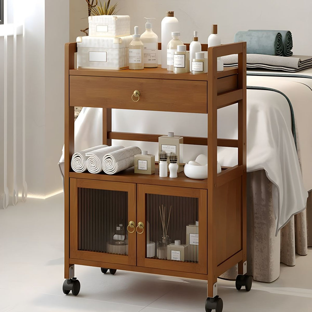 Wood Grain Design Utility Carts Solid Wood with Door and Casters