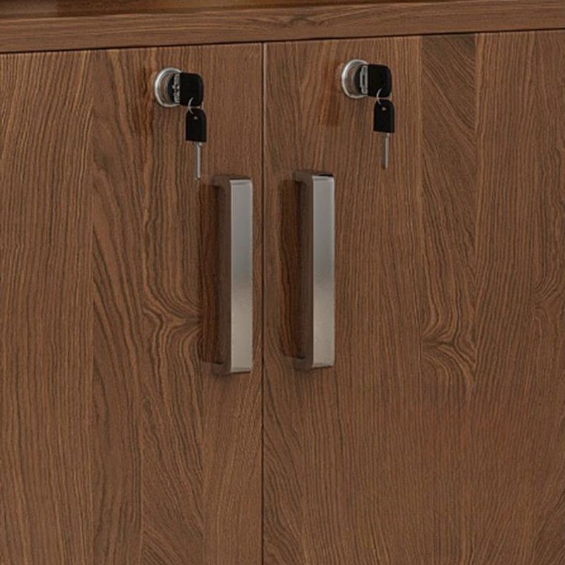 Sepia Flooring Display Stand with 5 Shelves, Secured Cabinet, and Drawers