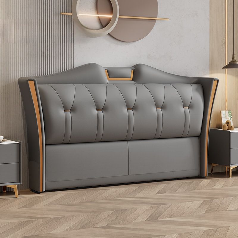 Trendy Wingback Headboard in Natural Wood with No Distressing, Camelback Shape for Queen/Full Bed, Featuring Sponge Upholstery and Standard Height