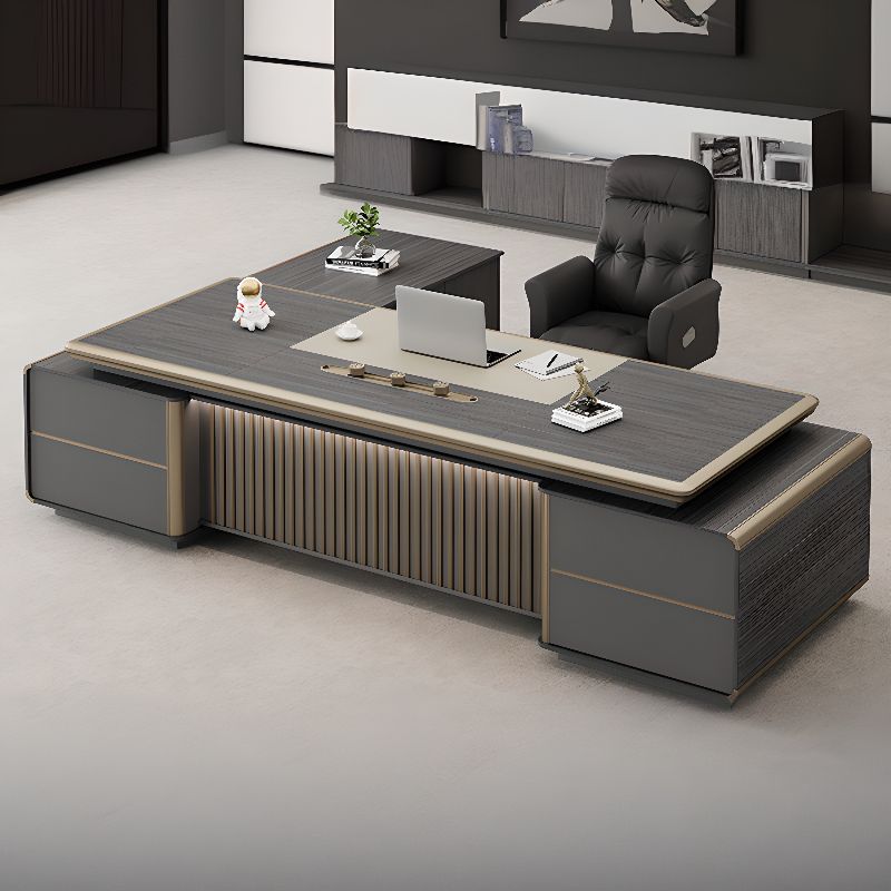 Office Desk with Cable Management, 2 Drawers, Cabinet, Dual-base, Exterior Shelf, CPU Storage, in Dark Gray