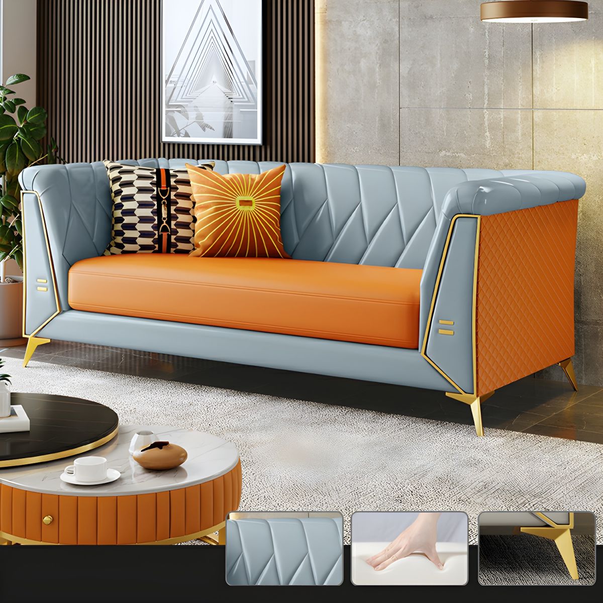 Glam Faux Leather Standard Sofa with Tuxedo Arms in Solid Color