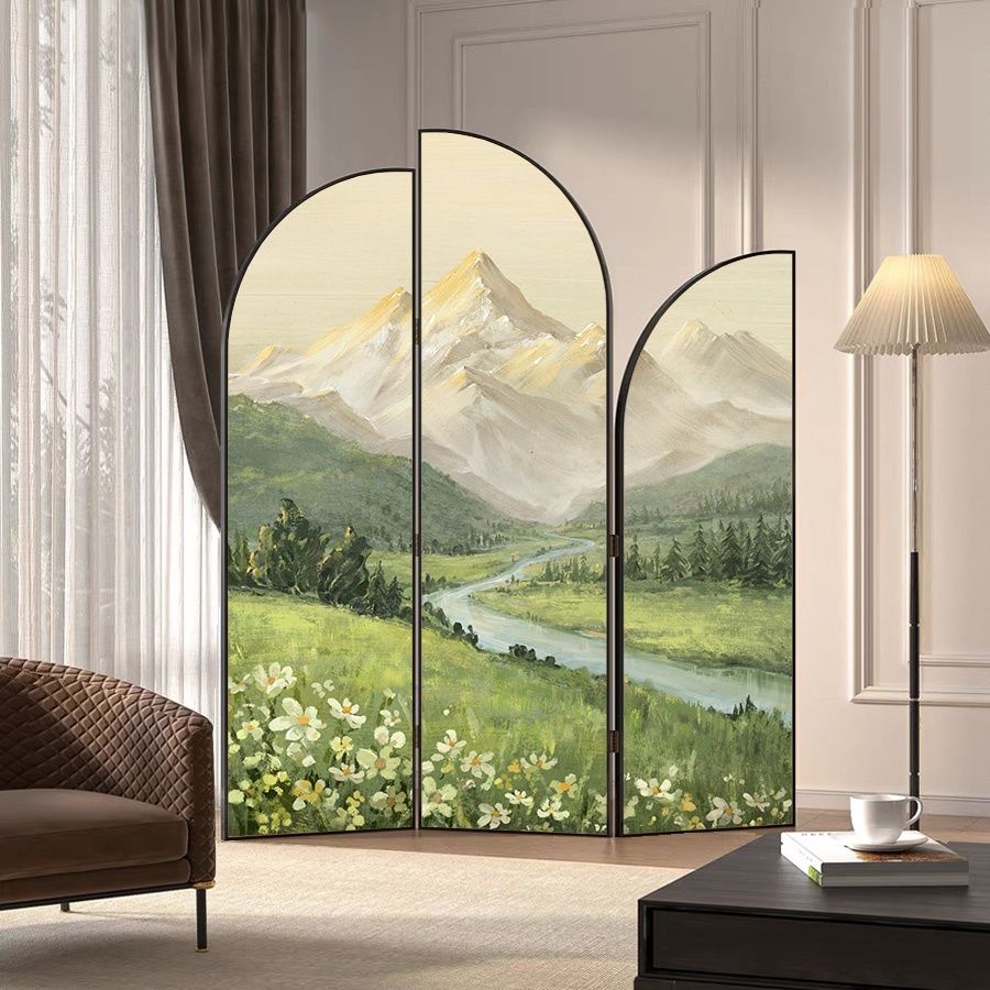 Minimalist Opaque Natural Wood Fold-up Screen Divider with 3 Panels, Double Sided Print, and Independent Design