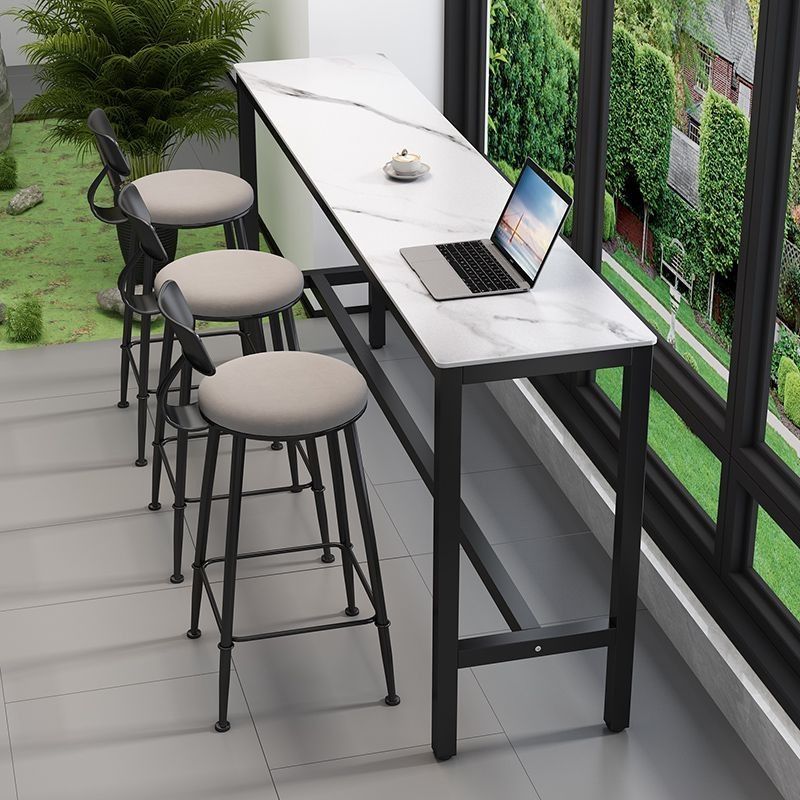 Modern Rectangular Quartz Pub Table with Trestle Base in White and Leg Rest