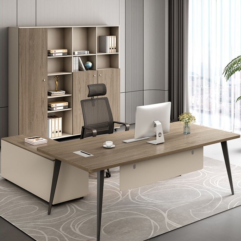 Office Desk in Modish Style with Scratch-proof Parsons Base, Cable Management, Sepia Laminate Top, and Front Splash