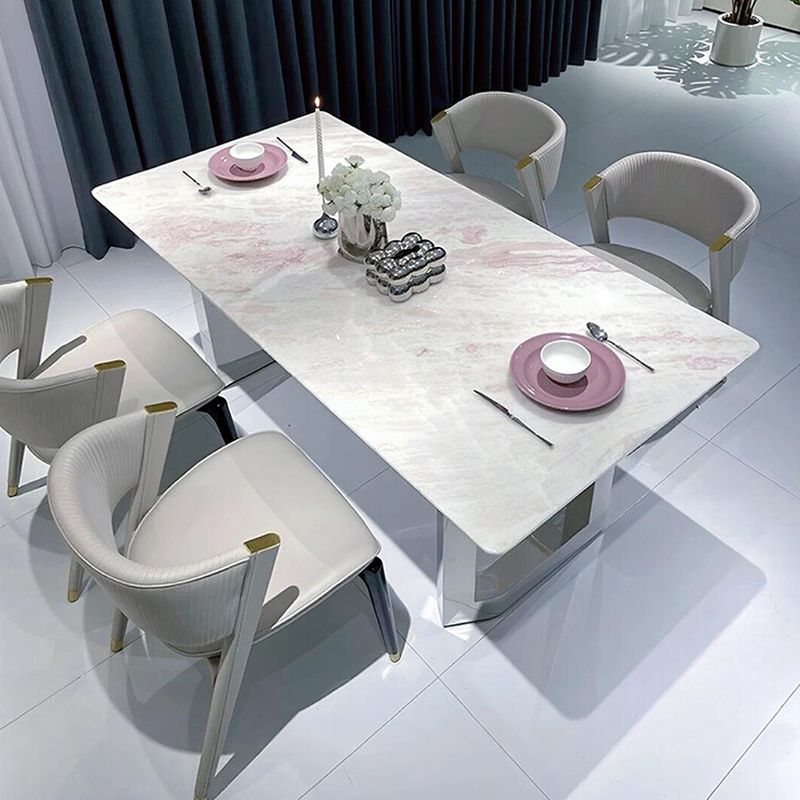 Modern Engineered Marble Dining Table with Stainless Alloy Toboggan Base, Chalk Top, Rust-free Durability, and Mixed Materials for Seating 6/4