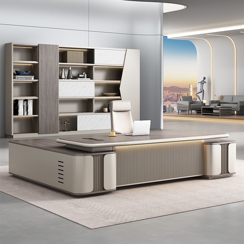Moisture Resistant Desk with 4 Drawers and Cabinet, Featuring Dual Footing, 1 Exterior Shelf, Cable Management, Front Splash, and Cooling Hole