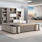 Moisture Resistant Desk with 4 Drawers and Cabinet, Featuring Dual Footing, 1 Exterior Shelf, Cable Management, Front Splash, and Cooling Hole