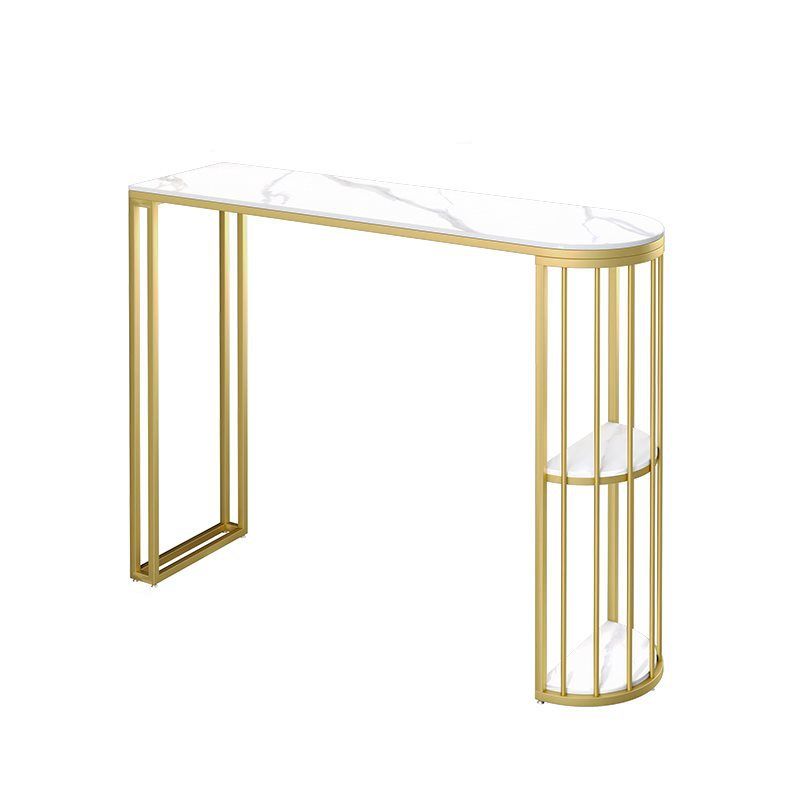 Simplistic Pub Table with Slate Top and Two-sided Pedestal Base in White with Container Storage and Asymmetrical Shape