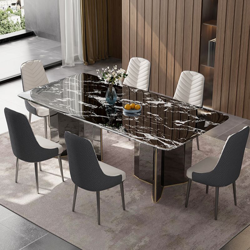 Black Stainless Steel Base Dirt-resistant Mixed-material Design Natural Marble Dining Table with Fixed Table in a Modern Simple Style, Seating for 4/6-person Seat