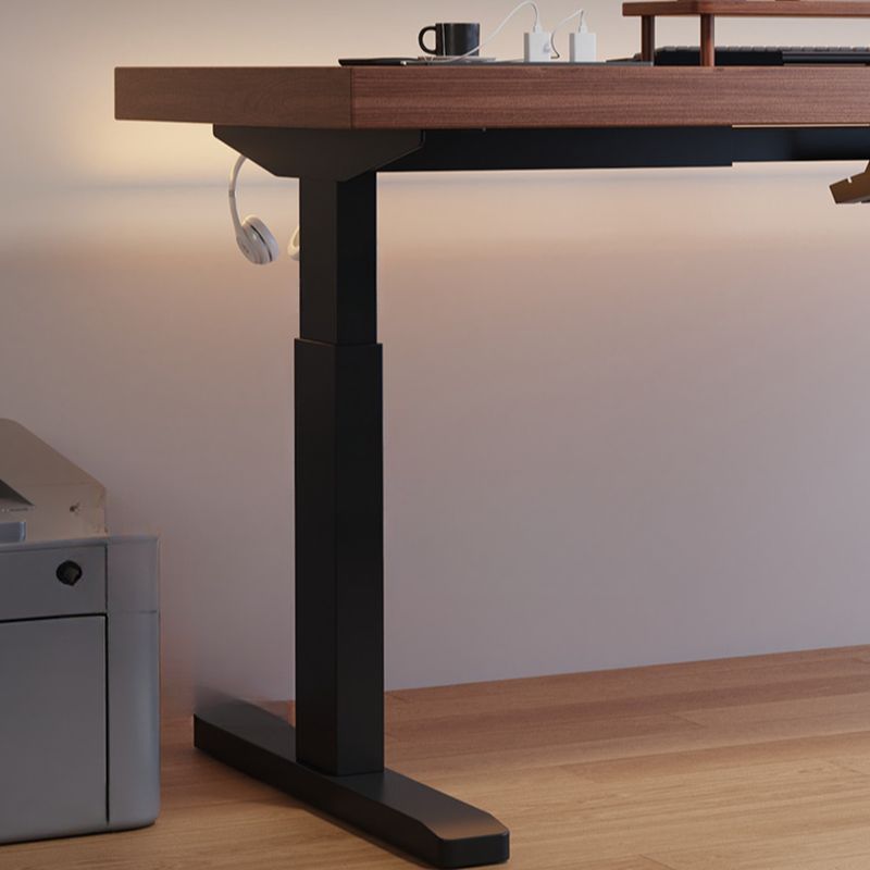 Minimalist Height Adjustable Gaming Computer Desk in Auburn/Natural with Distortion-resistant T-Shape Base and Headphone Hook, Solid Wood Top