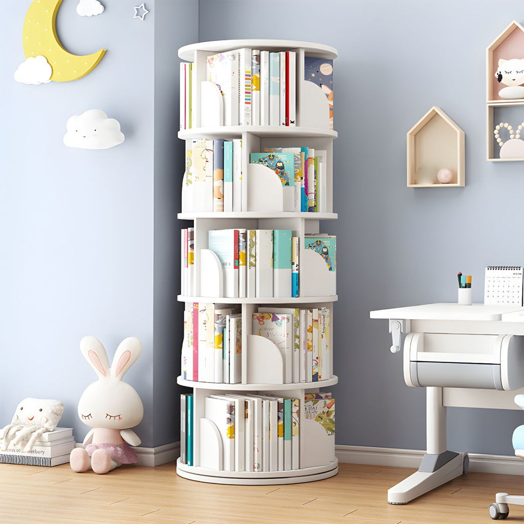 Round Rotatable Bookcase Wooden Open Storage Bookshelf for Home Office