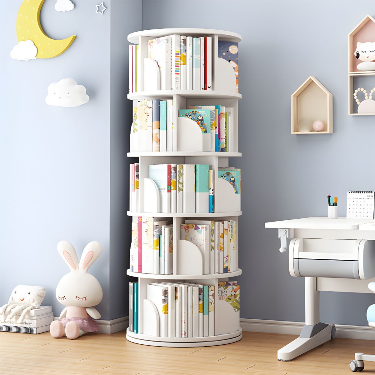 Round Rotatable Bookcase Wooden Open Storage Bookshelf for Home Office