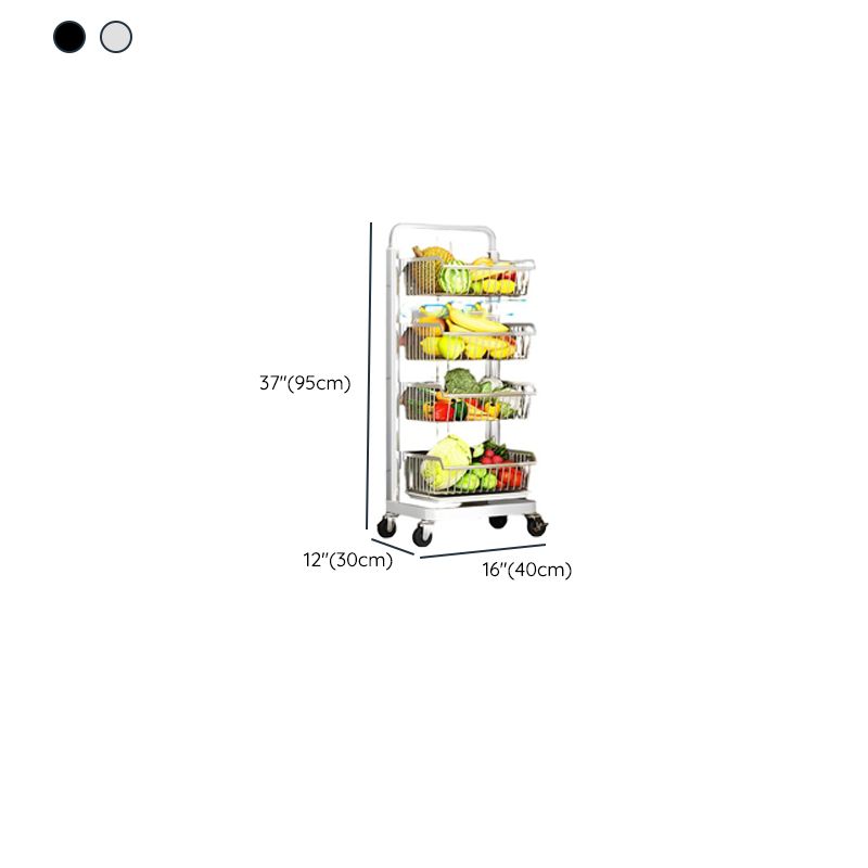 Modish Rectangle Portable Center with Wheels, Metal Countertop, Adjustable Shelves, and Silver Open Storage
