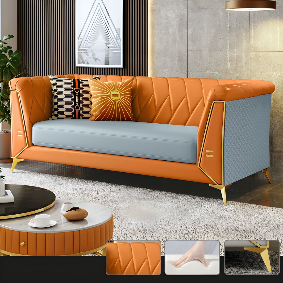 Glam Faux Leather Standard Sofa with Tuxedo Arms in Solid Color