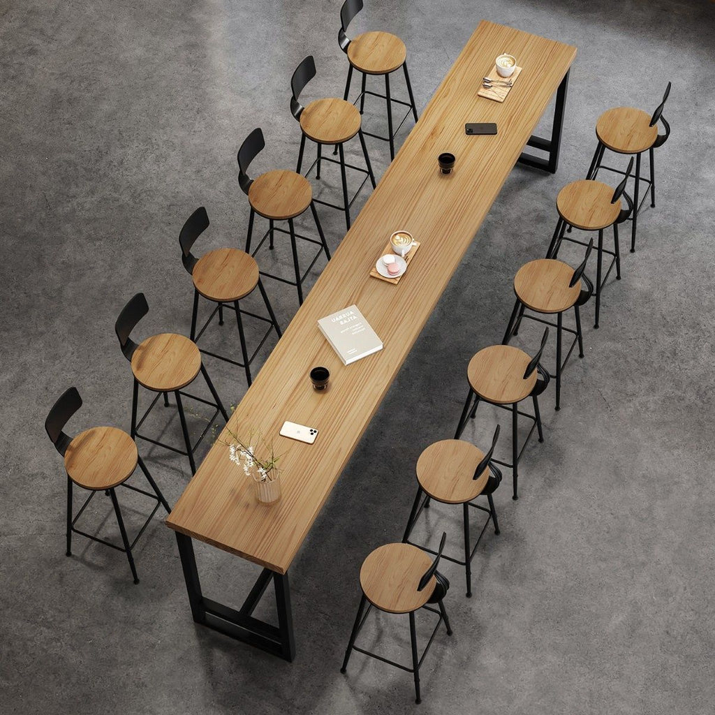 Simplistic Pub Table with Natural Wood Top and Trestle Base in Auburn/Natural Finish, Rectangle Shape with Foot Pedestal