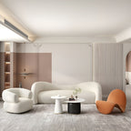 Modern Off-White Curved Sofa in Beige Sherpa Upholstery with Tuxedo Arm