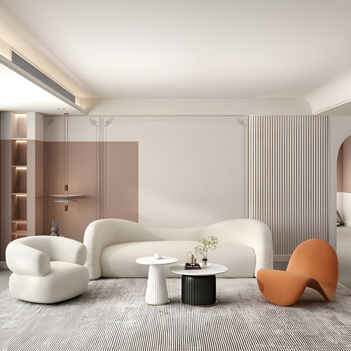 Modern Off-White Curved Sofa in Beige Sherpa Upholstery with Tuxedo Arm
