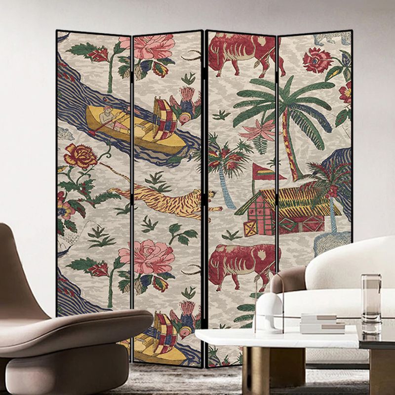 Minimalist Opaque Fold-up Screen Divider with Natural Wood Frame, 4 Panels, Double Sided Print, and Independent Design