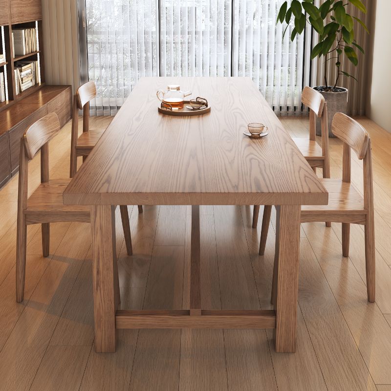 Contemporary Solid Wood Kitchen & Dining Table with Light Brown Trestle Base, Fixed Table, Waterproof for 6-person Seat, Solid Wood Tabletop