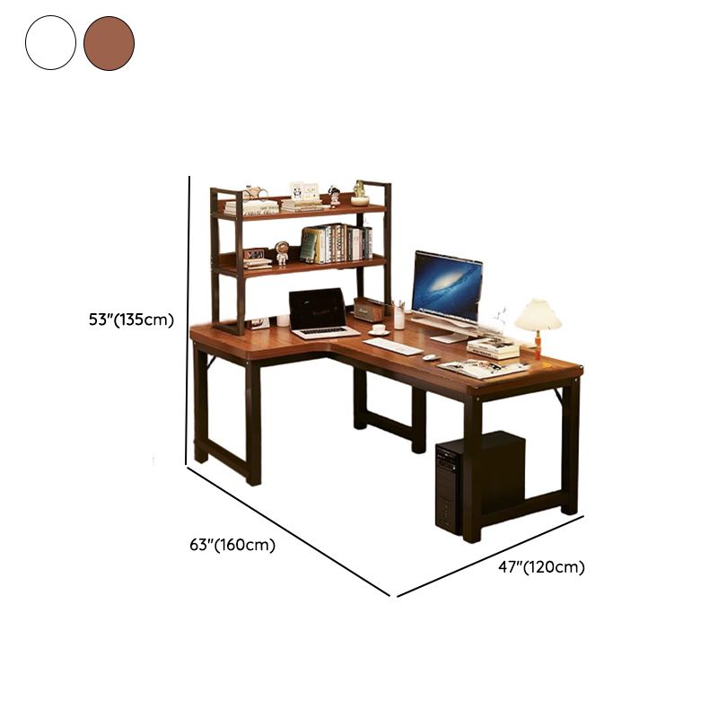 Chalk/Brown Minimalist L-Shape Distortion-resistant H-Shape Desk with Exterior Shelf and Wire Management in Natural Wood