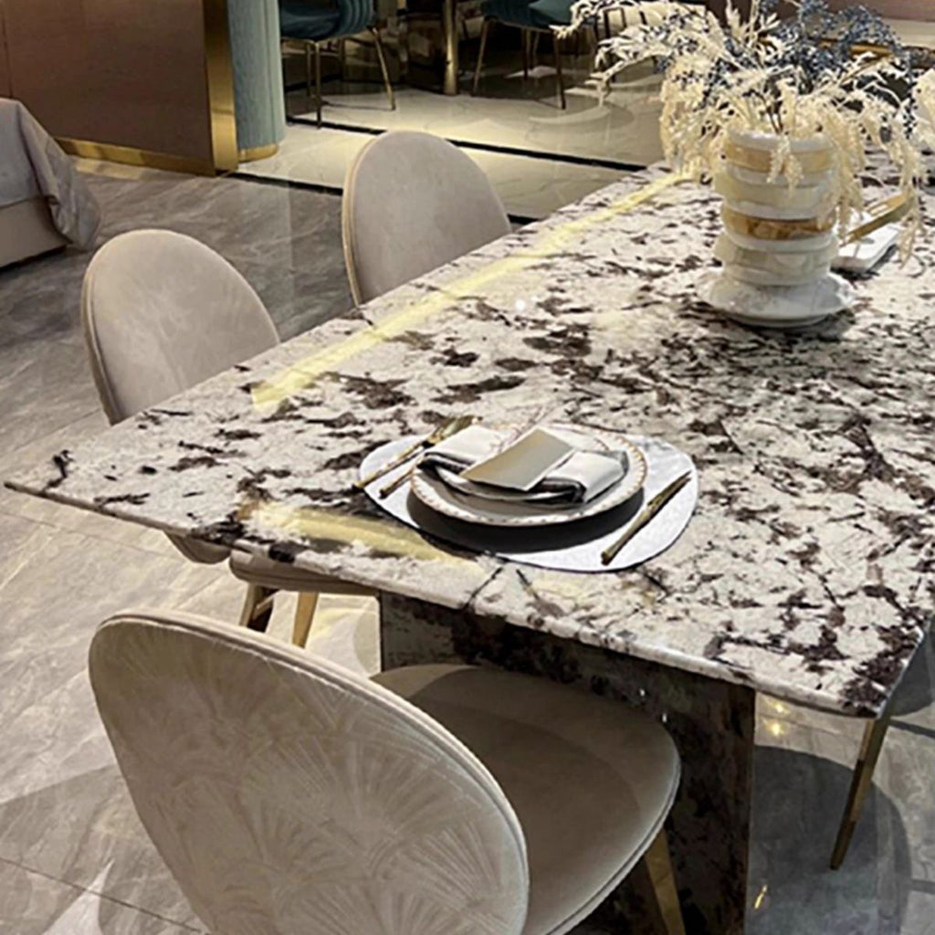 Natural Marble Dining Table in Modern Simple Style with Stainless Steel Base, Fixed Table, Chalk Top, 6-person Seating, Scratch Resistant, Mixed-material Design