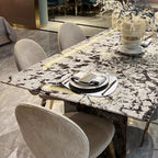 Natural Marble Dining Table in Modern Simple Style with Stainless Steel Base, Fixed Table, Chalk Top, 6-person Seating, Scratch Resistant, Mixed-material Design