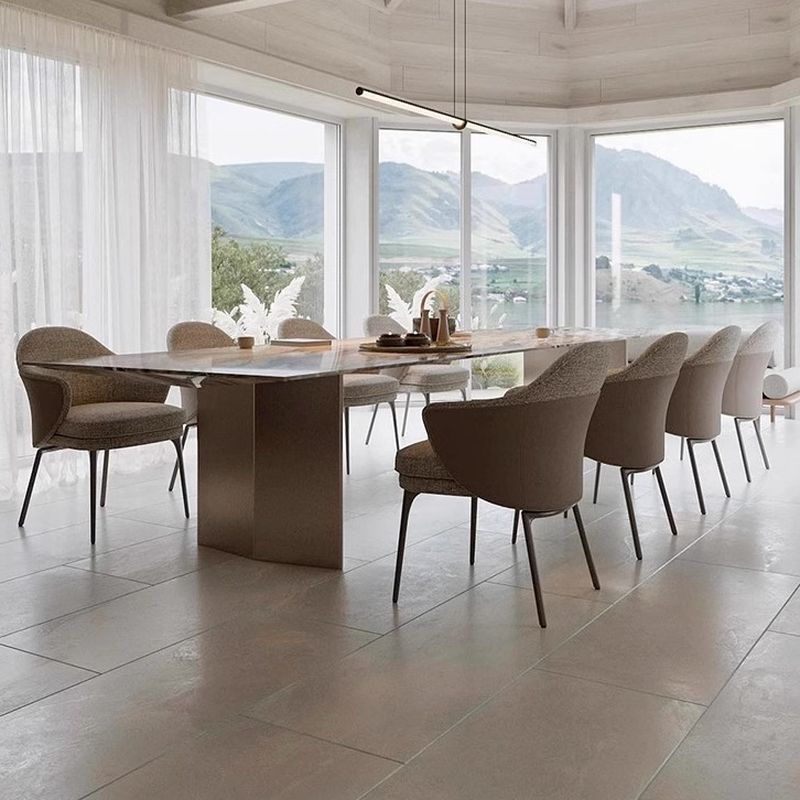 Casual Marble Dining Table with Stainless Alloy Base, Fixed Table Mechanism in Light Natural Brown, Scratch-shielded for 6-person Seat/8 People/4 People, Featuring Material Combination