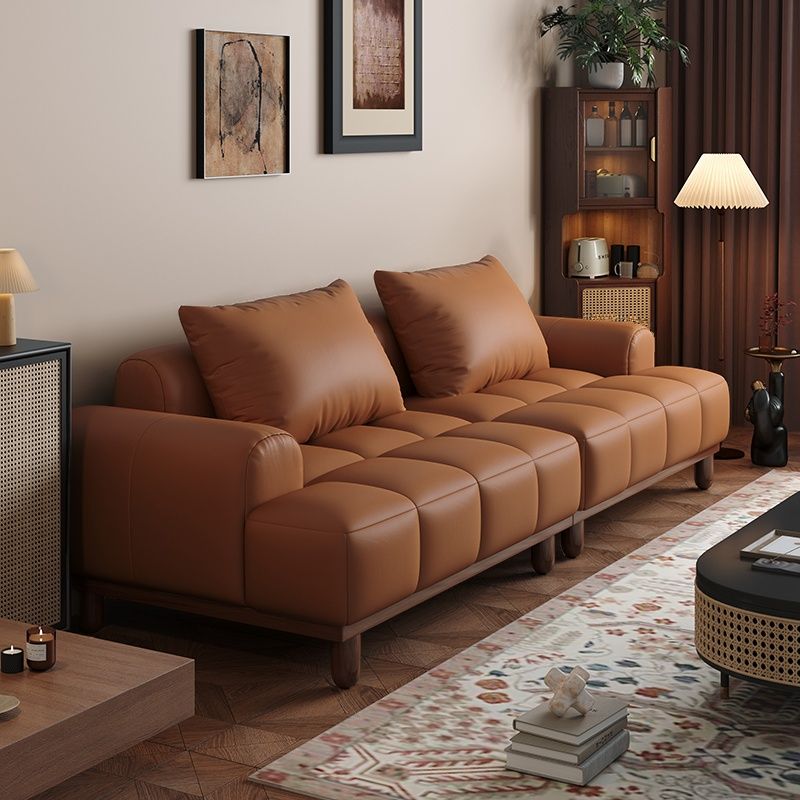 Contemporary Modern Solid Color Scratch-durable Standard Sofa in Pu Leather with Gray/White/Light Brown Upholstery, 2-seater with 2 Pillows