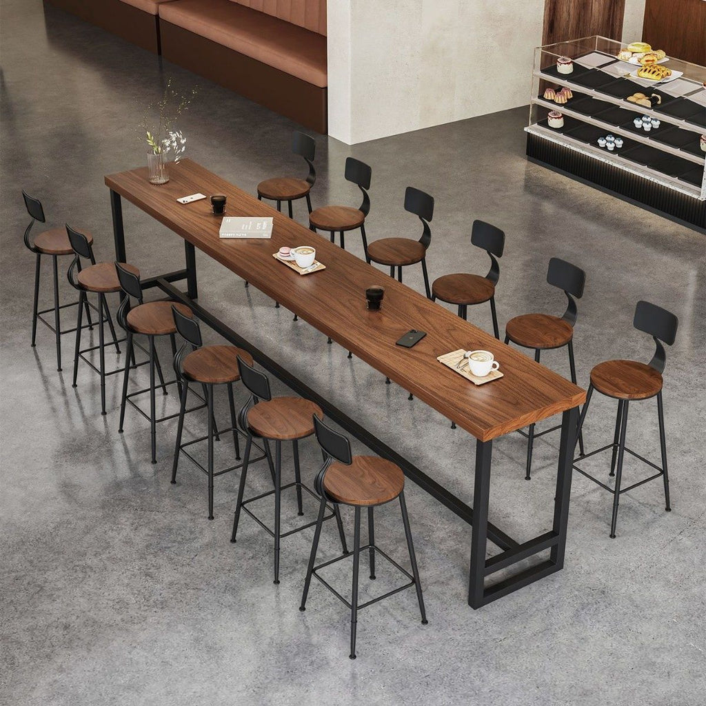 Simplistic Pub Table with Natural Wood Top and Trestle Base in Auburn/Natural Finish, Rectangle Shape with Foot Pedestal