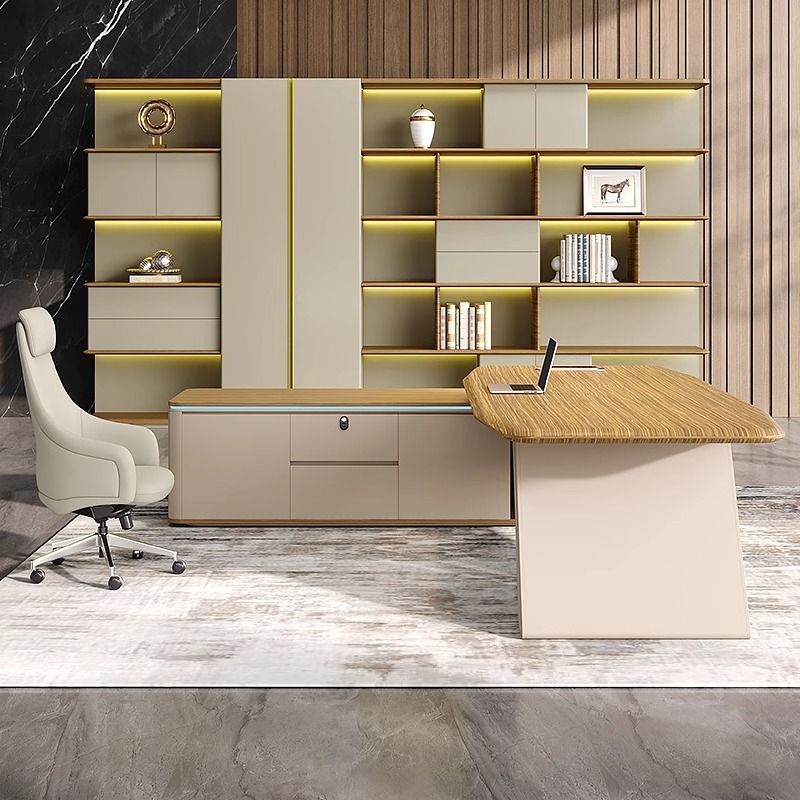 Dust Resistant Desk with 2 Drawers, Cabinet, Stump Base, Exterior Shelf, Cable Management, Wood Color Top, and Cooling Hole