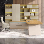 Dust Resistant Desk with 2 Drawers, Cabinet, Stump Base, Exterior Shelf, Cable Management, Wood Color Top, and Cooling Hole
