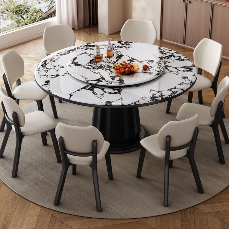 Circular Marble Top Dining Table with Ink Single Pedestal Base, Lazy Susan, Scratch-immune, 8 People/4-person Seating/Seating for 6, Microcrystalline Stone