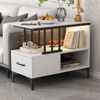 Contemporary Chairside Table with Stone Top and 4 Legs in Rectangle Shape, Featuring Shelf and Compartment
