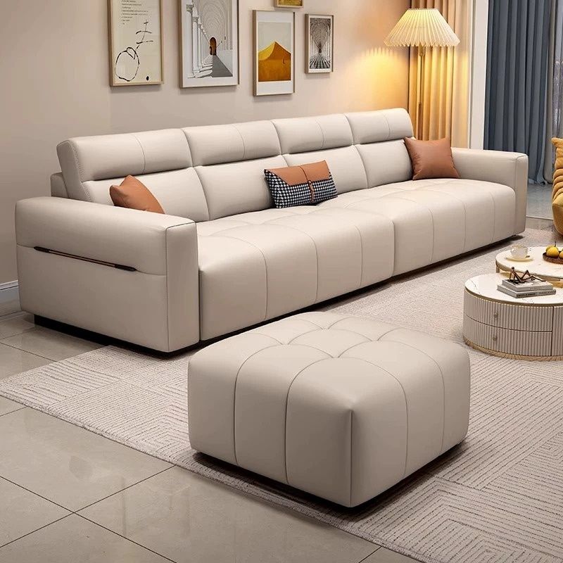 Modish Solid Color Stain Resistant Standard Sofa/Loveseat in Beige, Seats 7/6-Seater/5 Person with 3 Pillows