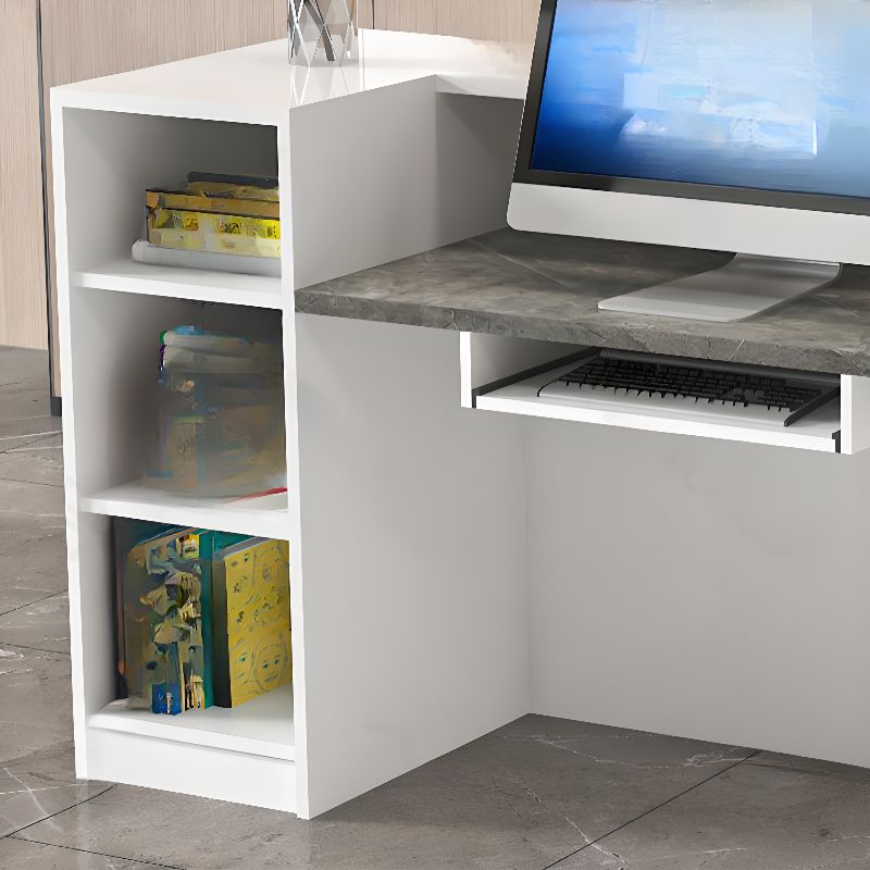 Rectangular Reception Desk with 1 Drawer, Hutch, Keyboard Tray, Cable Management in Blue/Maroon/Amber Color Manufactured Wood Top