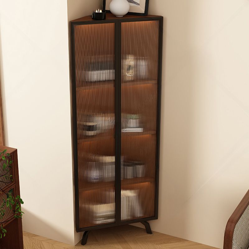 Simple Corner Accent Cabinet with Closet, Laminate, Glazed Door, and Brown Top