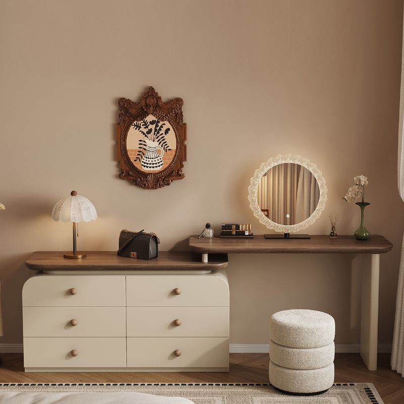 Large Vanity Set with Upholstered Chair in Chalk, 6 Drawers, Polymer Frame, LED Lighting, 2-in-1 Design