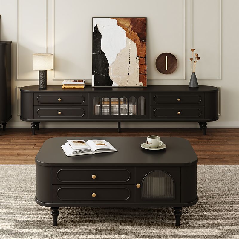 Modern Real Wood TV Stand with Shelf, 4 Drawers, Hutch, and Door