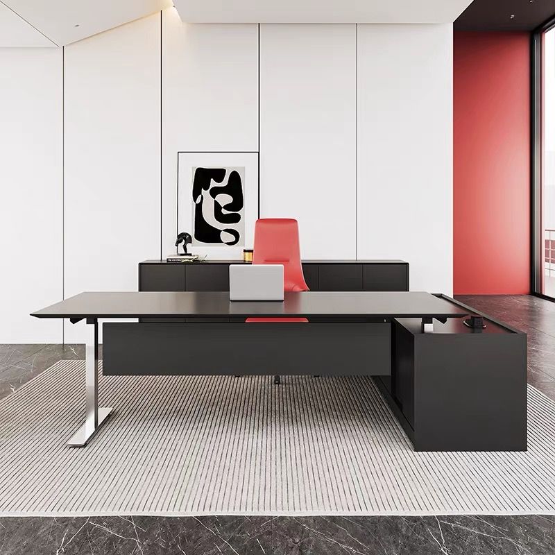 3 Drawers, 1 Cabinet, 1 Shelf, T-Shape Base, Matte Black, Self-supporting, Built-in Outlet, Programmable Memory Controller