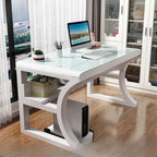 Chalk/Black Rectangular Metal Base Table with Wear Resistance, Shelves Included, Toboggan Base, Cable Management, and Rounded Corners