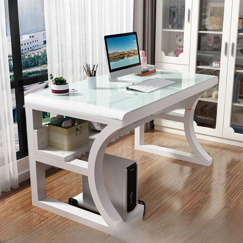 Chalk/Black Rectangular Metal Base Table with Wear Resistance, Shelves Included, Toboggan Base, Cable Management, and Rounded Corners