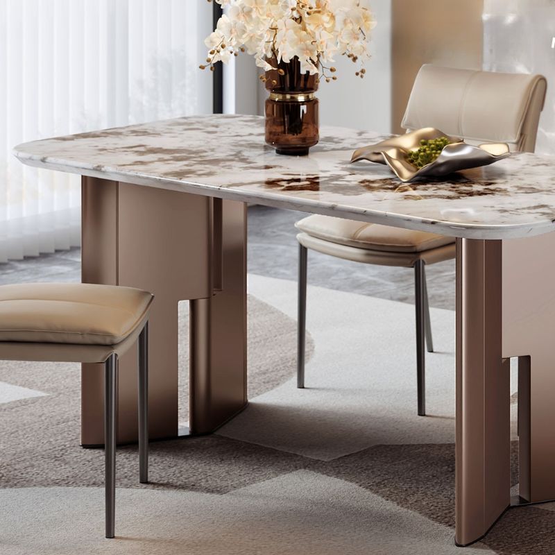 Trendy Metal Pink Double Pedestal Base Scratch-immune Marble Top Dining Table with a Fixed Table Top for 4-person Seating/Seating for 6