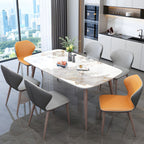 7-Piece Metal Modern Dining Set with Slate Table Top and Upholstered Chairs in Violet Color