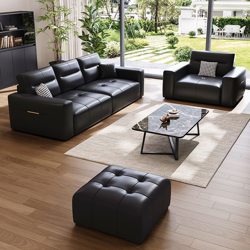 Modish Solid Color Stain Resistant Standard Sofa/Loveseat in Black with Arm, 5 Person/4-seater/3-seater, and 2 Pillows