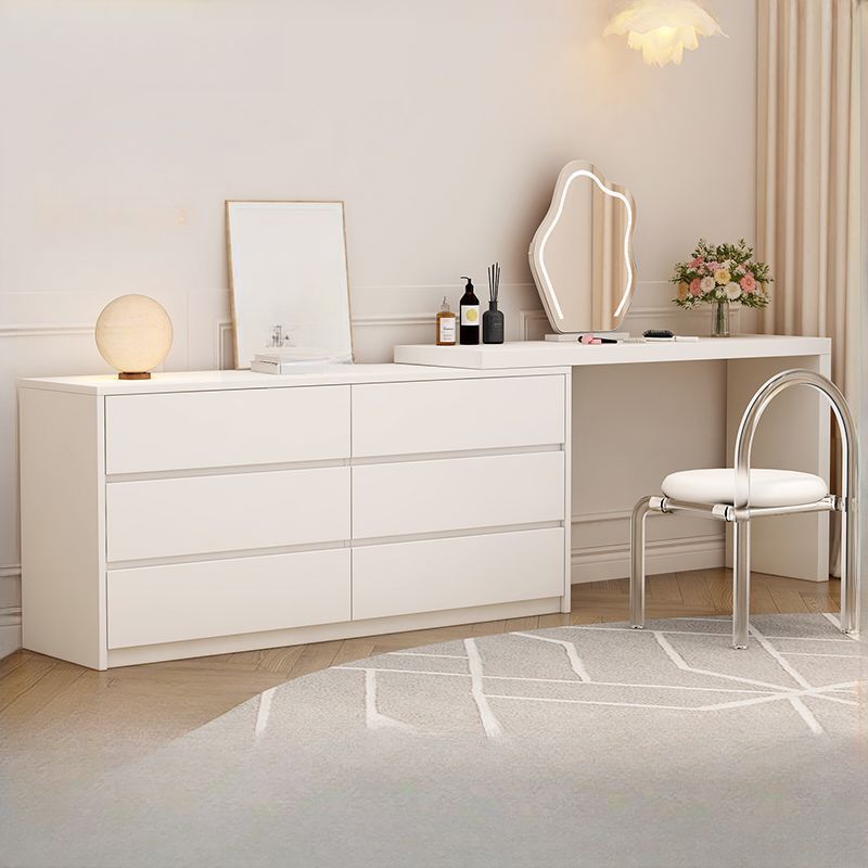 Modish Large Vanity Set with Reclaimed Wood Table Top, White Chair, and 6 Drawers