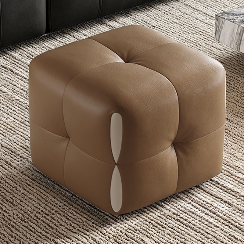 Modish Rectangle/Square Solid Color Standard Ottoman in Genuine Leather with Grey/Chalk/Caramel Upholstery and Button-tufted Finish