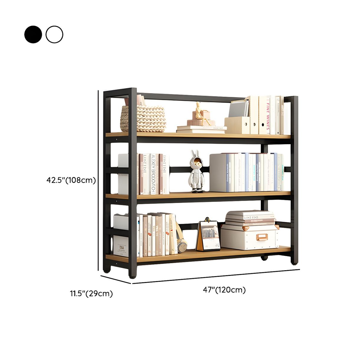 Modern Metal Display Stand with Wooden Shelves and Open Storage