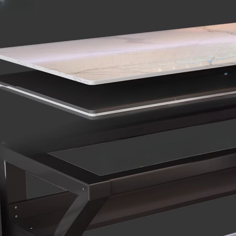 Grey/Chalk Minimalist Gaming Computer Desk with Rust Resistant Trestle Base, Exterior Shelf, Wire Management, and Stone Top