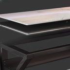 Grey/Chalk Minimalist Gaming Computer Desk with Rust Resistant Trestle Base, Exterior Shelf, Wire Management, and Stone Top