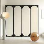 Beige Minimalist Opaque Fold-up Screen Divider with Natural Wood Frame, 4 Panels, and Independent Design